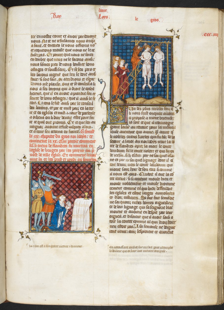 Royal MS 16 G. VI, f.306r, Murder of Charles, asılan Flanders sayısı (Louis VI, kitap 20), Les Grandes Chroniques de France'dan by French School