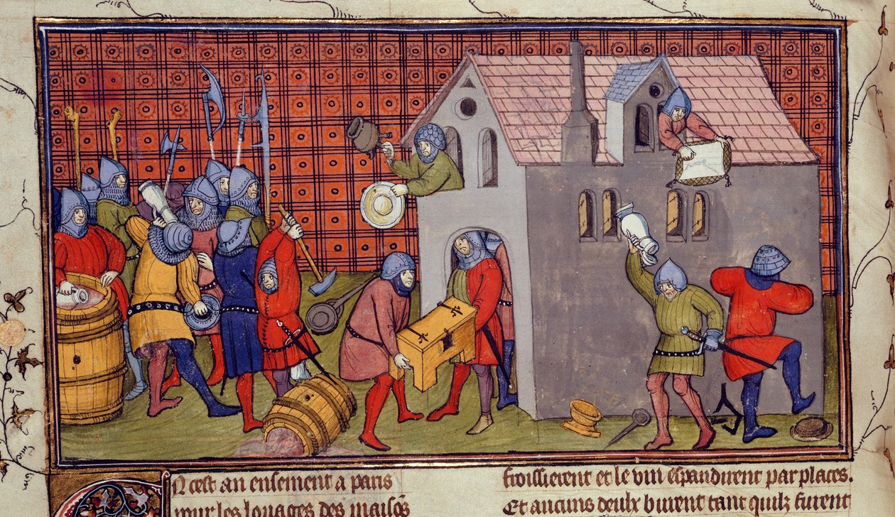 Royal MS 20 CVII f.41v, Bir evin yağmalanması (parşömen) by French School