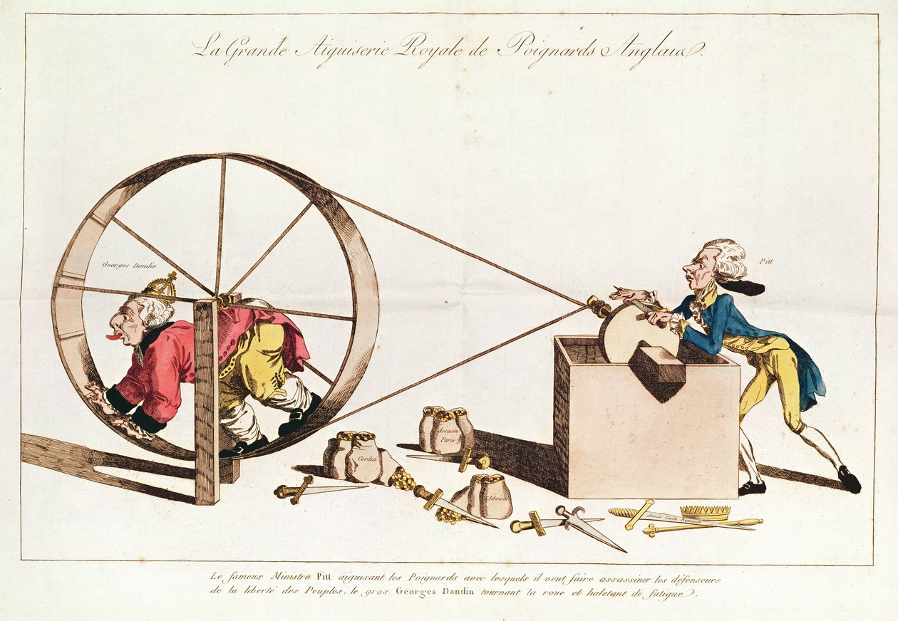 İngiliz Hançerlerini Bilemek için Kraliyet Bileme Hizmeti, 1794 (el renkli gravür) by French School