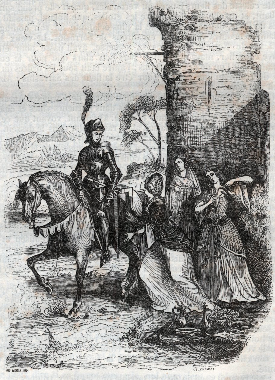 Ruggiero ve Alcina sarayından üç peri - Orlando furioso şiirinden 1851 gravürü by French School