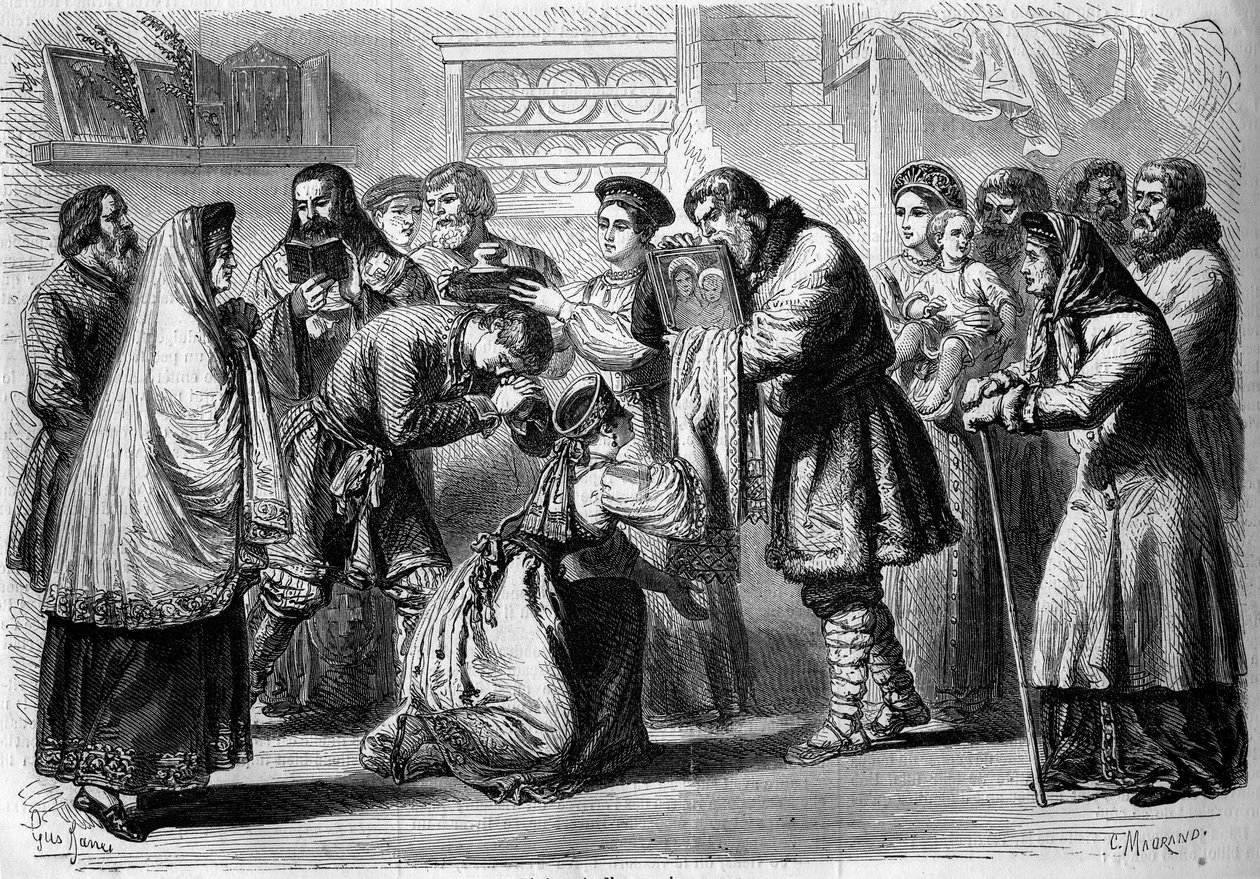 Rus geleneği - Düğün - 1860: düğün öncesi töreni. Vaftiz babası ve vaftiz annesi gelecekteki evlilikleri kutsasın. Vaftiz babası onlara, dini adanmanın sembolü olan Mesih
