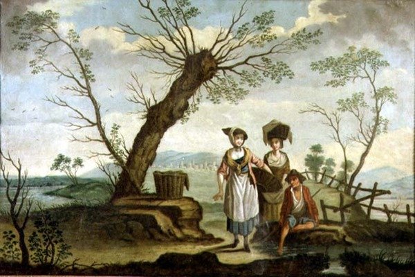 Çamaşırcı kadınlar ve bir köylü ile rustik manzara by French School