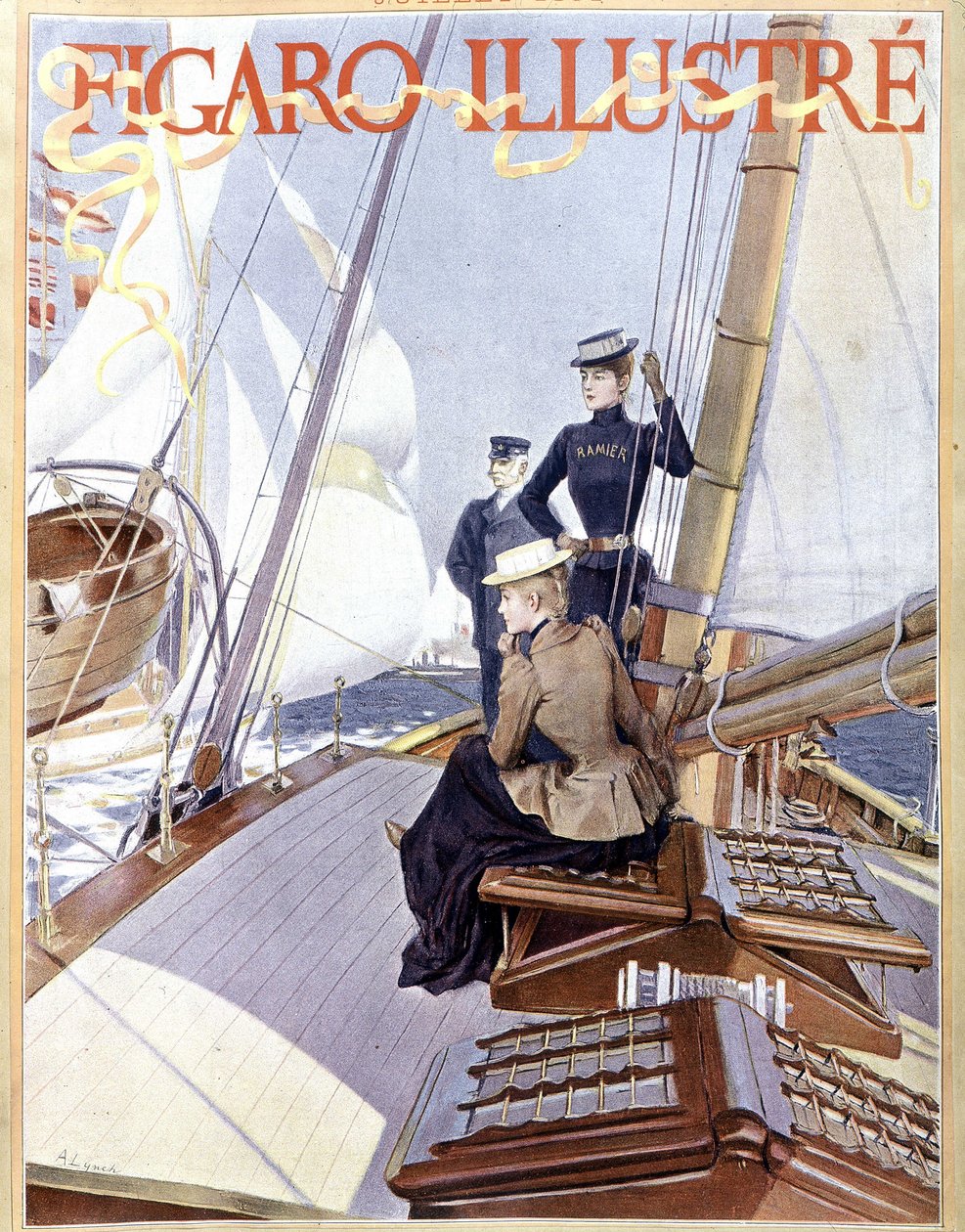 Yelken: Bir teknenin güvertesindeki kadınlar - 1891 tarihli “” Figaro resimli” çizimi, Art Deco. by French School