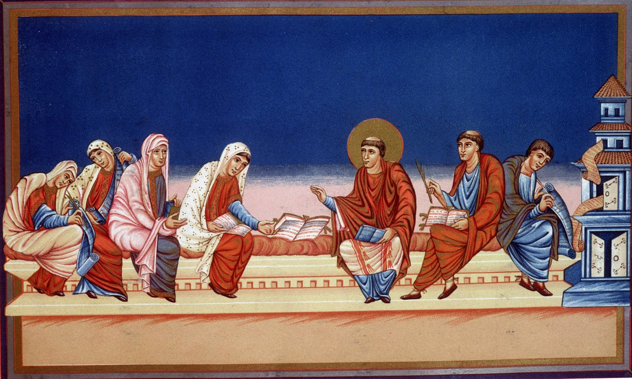 Aziz Jerome, İncil'i Eustochia ve Paule'e açıklarken, 9. yüzyıl. by French School