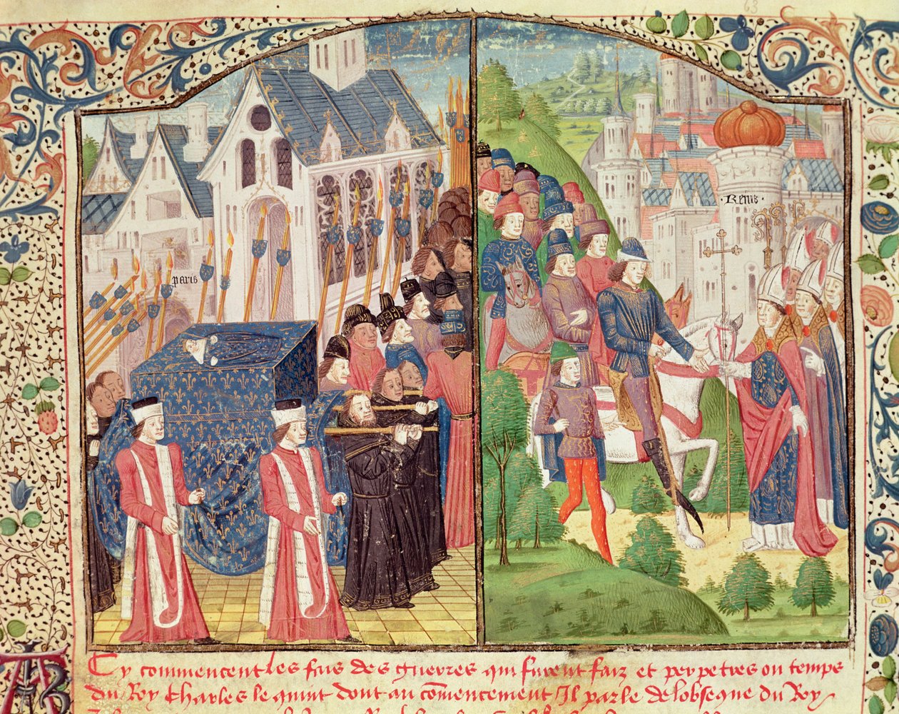 Saint Louis'in 1270'te Paris'teki Cenazesi ve Charles V'nin 1364'te Reims'e gelişi, katedralde kral olarak taç giydirilmek üzere, Jean Froissart'ın (c.1337-c.1405) bir el yazmasından 'Chroniques' (parşömen) by French School