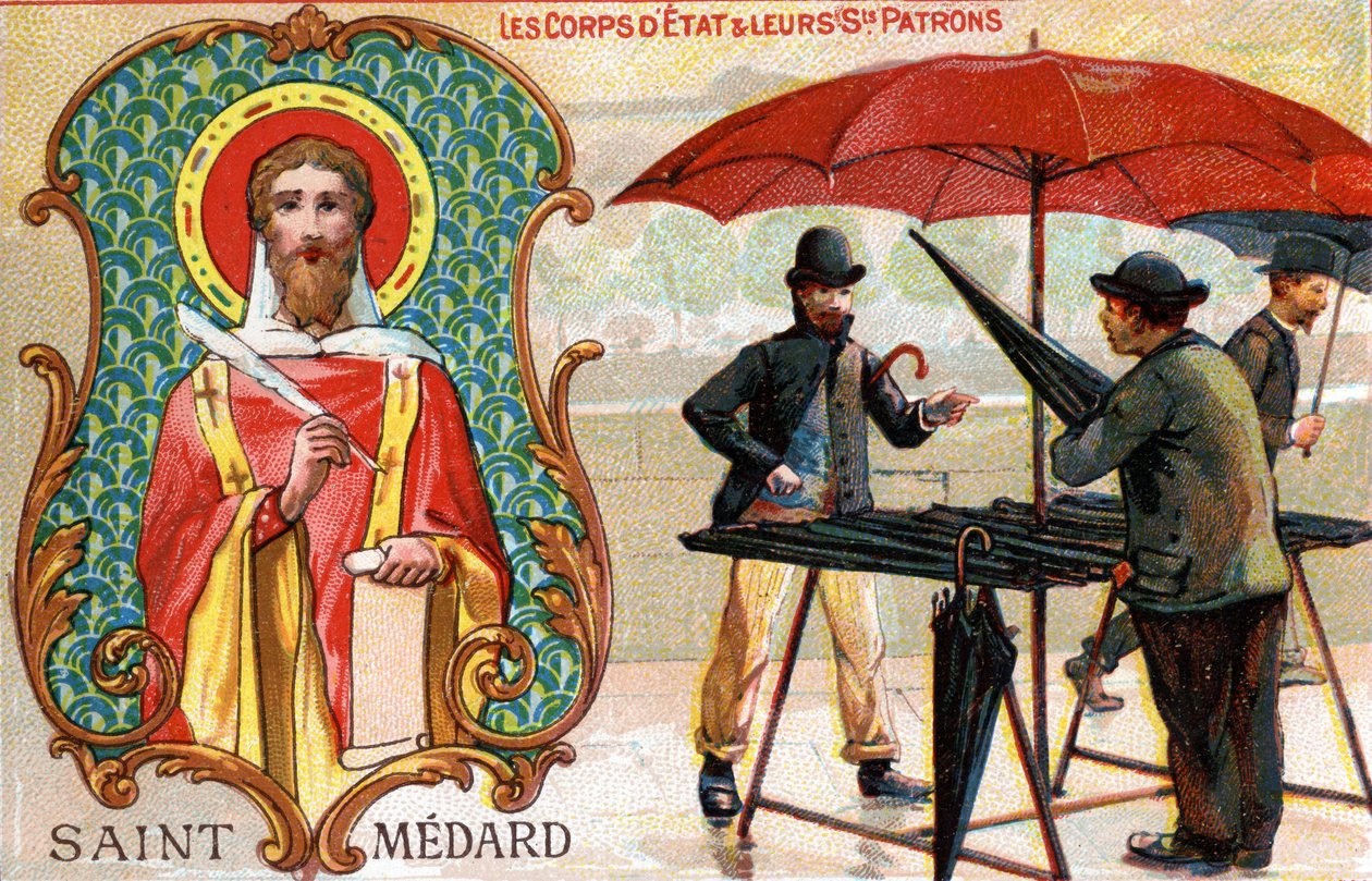 Saint Medard, Şemsiye Satıcılarının Koruyucu Azizi, 1910 dolayları (renkli litho) by French School