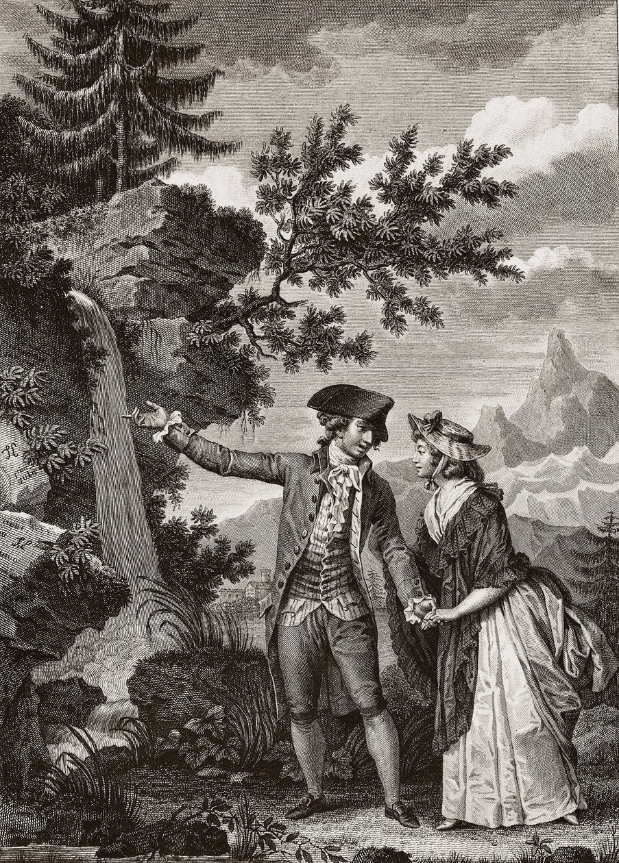Saint Preux ve Julie İsviçreli filozof Jean Jacques (Jean-Jacques) Rousseau (1712-1778) tarafından “Julie ou la nouvelle Heloise” için 1793 tarihli gravür - Julie ve Saint-Preux, Jean-Jacques Rousseau tarafından 