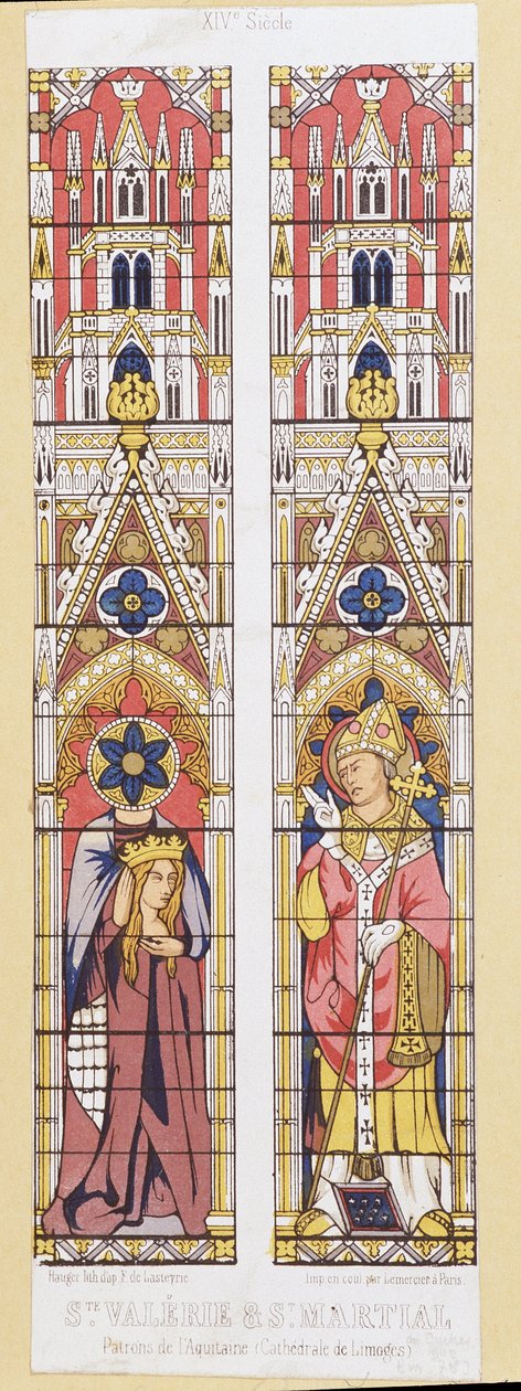 Aziz Valerie, Limoges'te (3. yüzyıl) bakire ve şehit ve Aquitaine'nin patronları olan Limoges'in arifesi Aziz Martial (3. yüzyıl). Cathedrale de Limoges'in vitray pencerelerini taklit eden fac benzetme. by French School