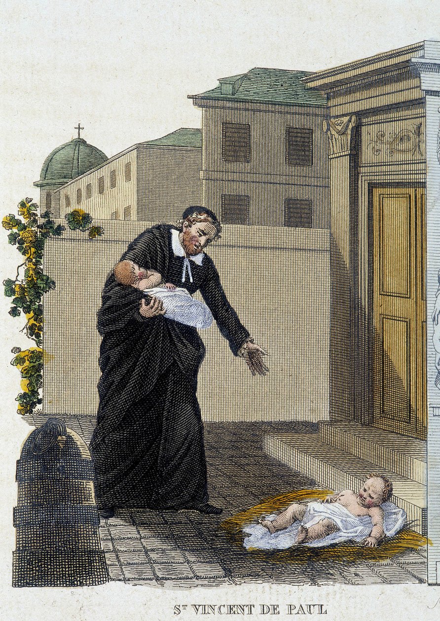 Saint Vincent de Paul, kilisenin önünde terk edilmiş çocukları karşılıyor. by French School