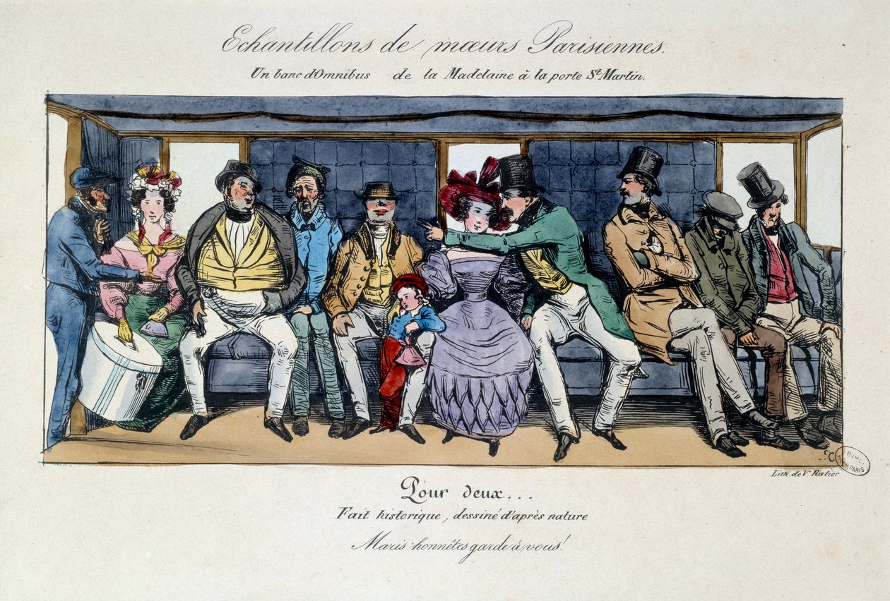 Paris ahlakının örneği: Saint Martin'in kapısındaki Madeleine'den bir otobüs durağı. 19. yüzyılın baskıları. Paris, Musee Karnavalı by French School