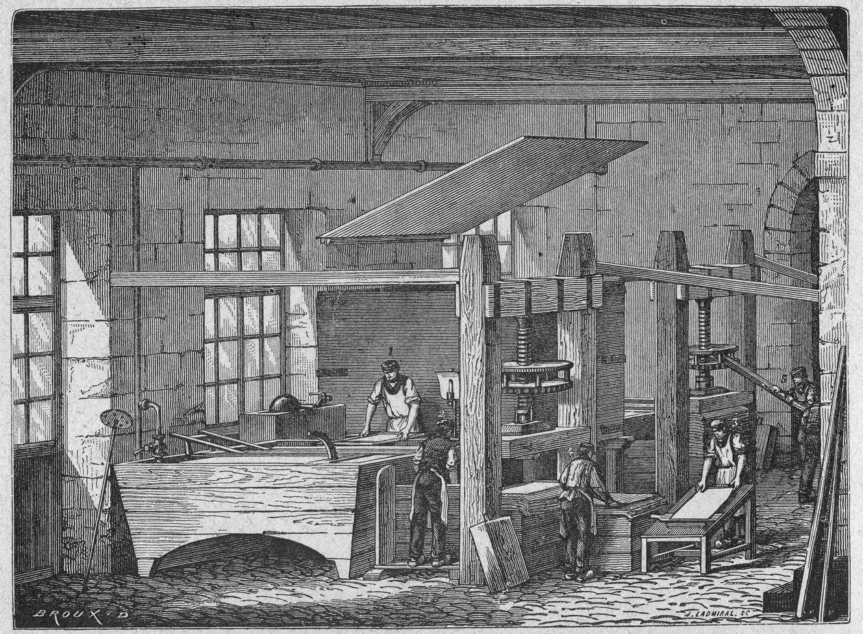 Bilim. Kağıt Yapımı. El yapımı kağıt. Gravür: Büyük adamlar ve endüstrinin büyük gerçekleri, Fransa, c.1880 (gravür) by French School