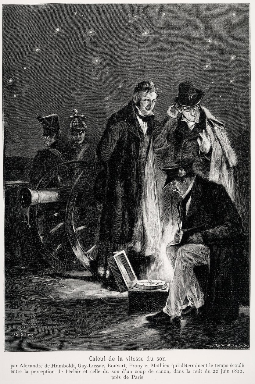 Bilimsel deney: Humboldt, Louis-Joseph Gay-Lussac (Louis Joseph Gay Lussac), Bouvard, Prony ve Mathieu tarafından ışık algısı ile bir silah atışının algılanması arasında geçen süreyi belirleyen ses hızının hesaplanması, gecede by French School