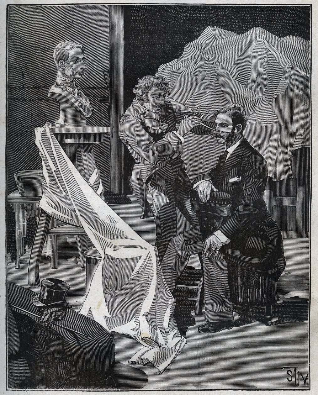 Heykel, bir heykeltıraş atölyesi, bir büstün odağı ve heykeli. Adolphe BITARD