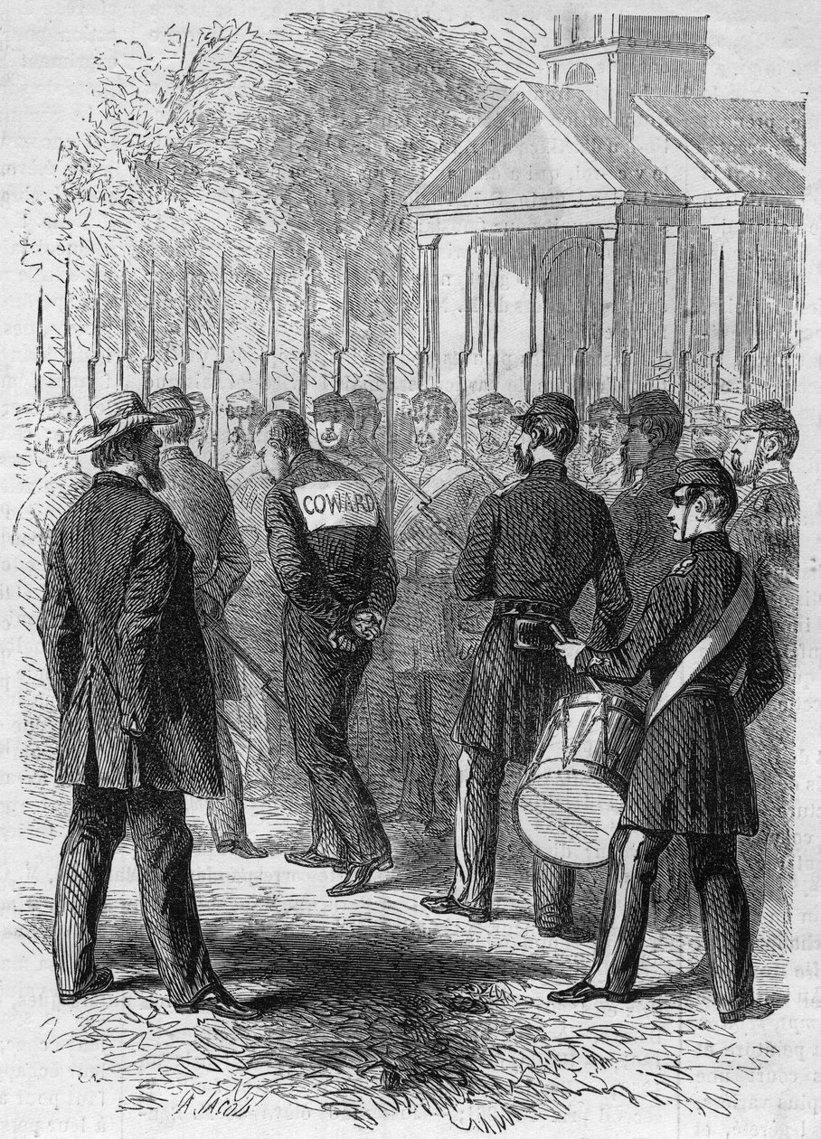 Ayrılık Savaşı (1861-1865) veya Amerikan İç Savaşı: savaşta aşırılık yapmakla suçlanan kuzey silahının bir askerinin cezalandırılması. Elleri bağlı, sırtında “Lache” işaretiyle kampın içinden davul sesiyle geçer. Gravür “” Le Monde Illustré”” n° by French School