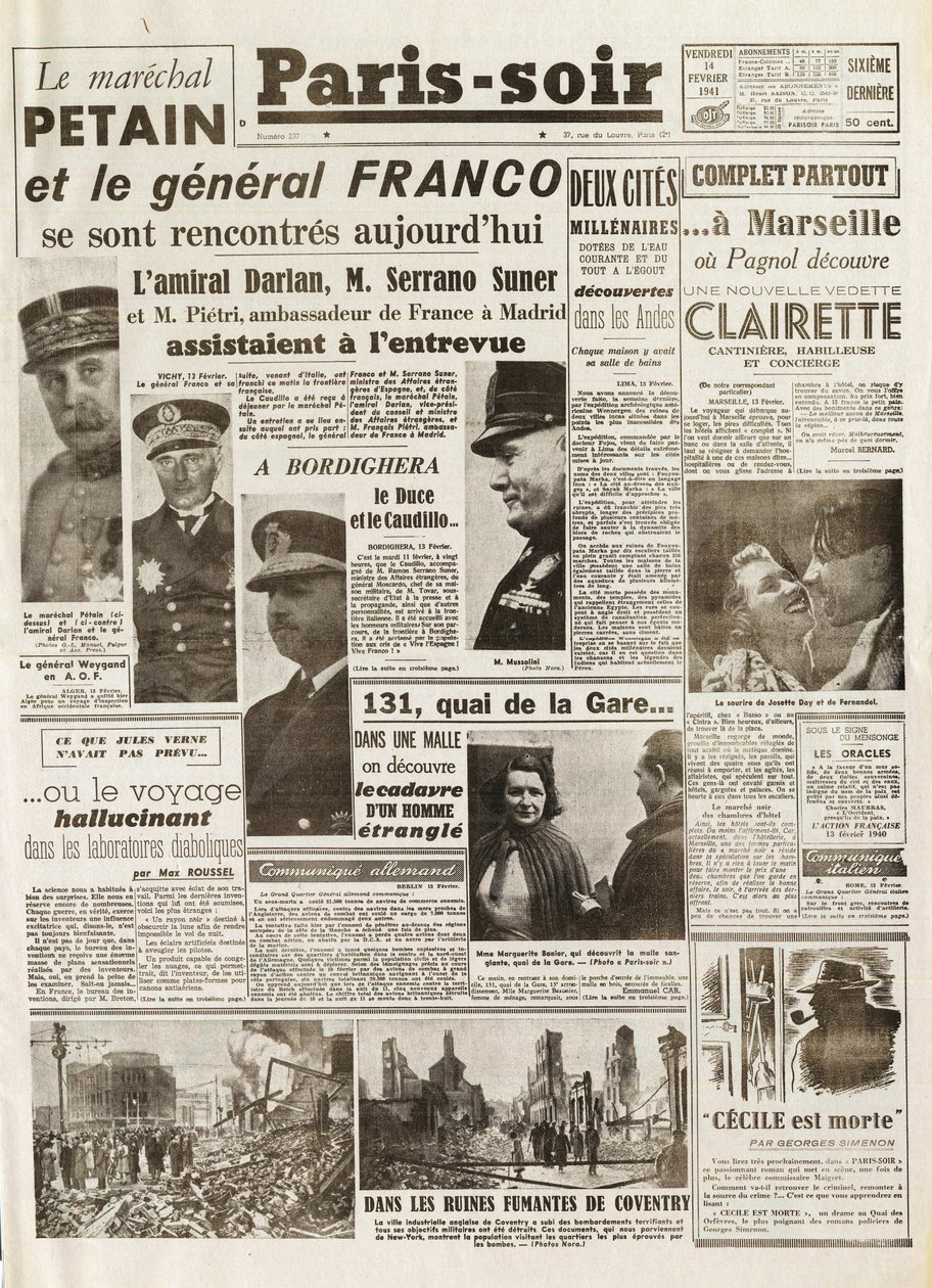 İkinci Dünya Savaşı (1939-1945) - İkinci Dünya Savaşı (İkinci Dünya Savaşı veya 2. Dünya Savaşı): PARİS KAYNAĞI [No. 237] 14/02/1941 - LE MARECHAL PETAIN ve GENEL FRANCO arasındaki toplantı - by French School