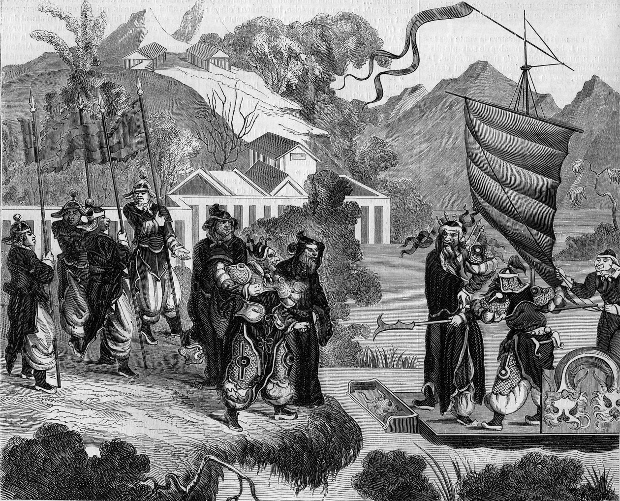 Fransa ile İngiltere ve Çin arasındaki ikinci afyon savaşı (1858-1860): Çatışmanın Çin karikatürü. Bir grup Çinlinin alaycı bakışları altında bir tekne kıyıya yaklaşmaya hazırdır. Teknede, Fransa