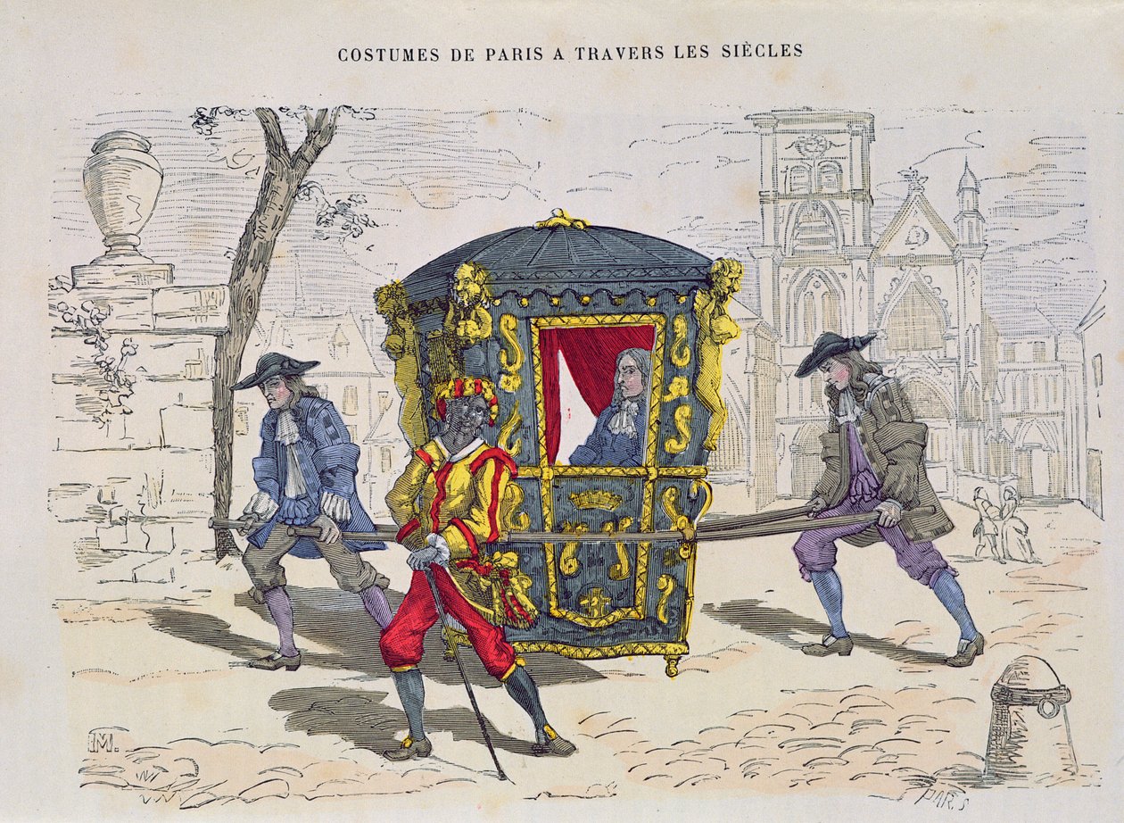 1887'de yayınlanan Costumes de Paris a Travers les Siecles'dan Onaltıncı Yüzyılda Sedan Sandalye (renkli gravür) by French School