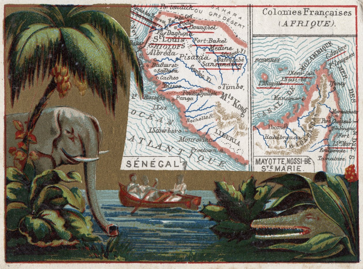 Senegal, Mayotte, Ile de Sainte Marie, Nossi Be (Nossi-be veya Nosy-be veya Nosy-be), Afrika. Fil, timsah ve nehirde tekne. Fransız kolonileri üzerine dizi. Kromolitografi (Chromo) 1920 dolaylarında “coğrafi konu””. Özel koleksiyon. by French School