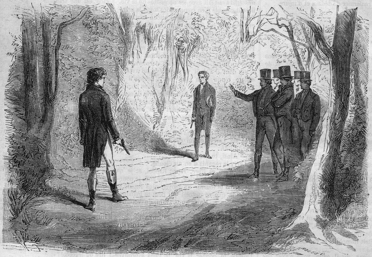Seri roman: Emile Souvestre (1806-1854) tarafından “Zengin ve Yoksul”. Boissard ve Larry'nin düellosu. “Les bons romantizm” deki gravür by French School