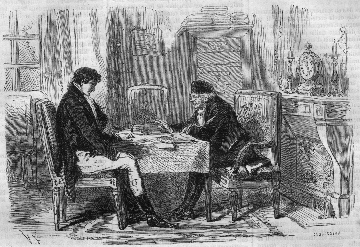 Seri roman: Emile Souvestre (1806-1854) tarafından “Zengin ve Yoksul”. Konuşan iki adam: "Scruples asla kimseye işkence etmedi." “Les bons romantizm”de gravür by French School