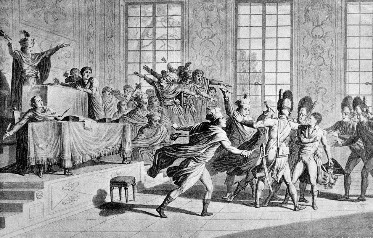 Orangerie de St Cloud'daki yasama meclisi oturumu: Bonaparte'ın ortaya çıkışı ve 18. sis yılı VIII'in özgürleştirici günü, Beş Sentlik Konsey Odası'nda (Beş Sent) (500'lük Oda) by French School