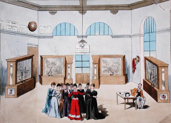 Merkezi bir telefon santralinde kadın operatörlerin yer aldığı bir operet için set tasarımı. 19. yüzyılın sonlarında (renkli taş) by French School