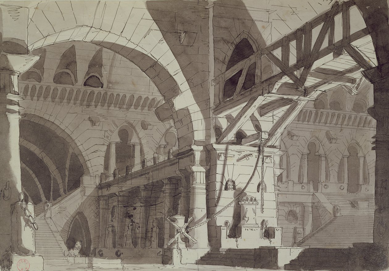 Piranesis hapishane çizimleri tarzında set tasarımı, c.1800 (kalem, mürekkep ve yıkama) by French School