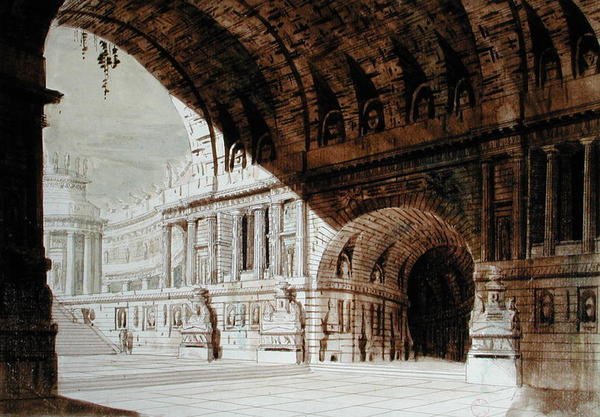 Antik dönemden ilham alan set tasarımı, c.1800 (kalem ve mürekkep ve kağıt üzerine sulu boya) by French School