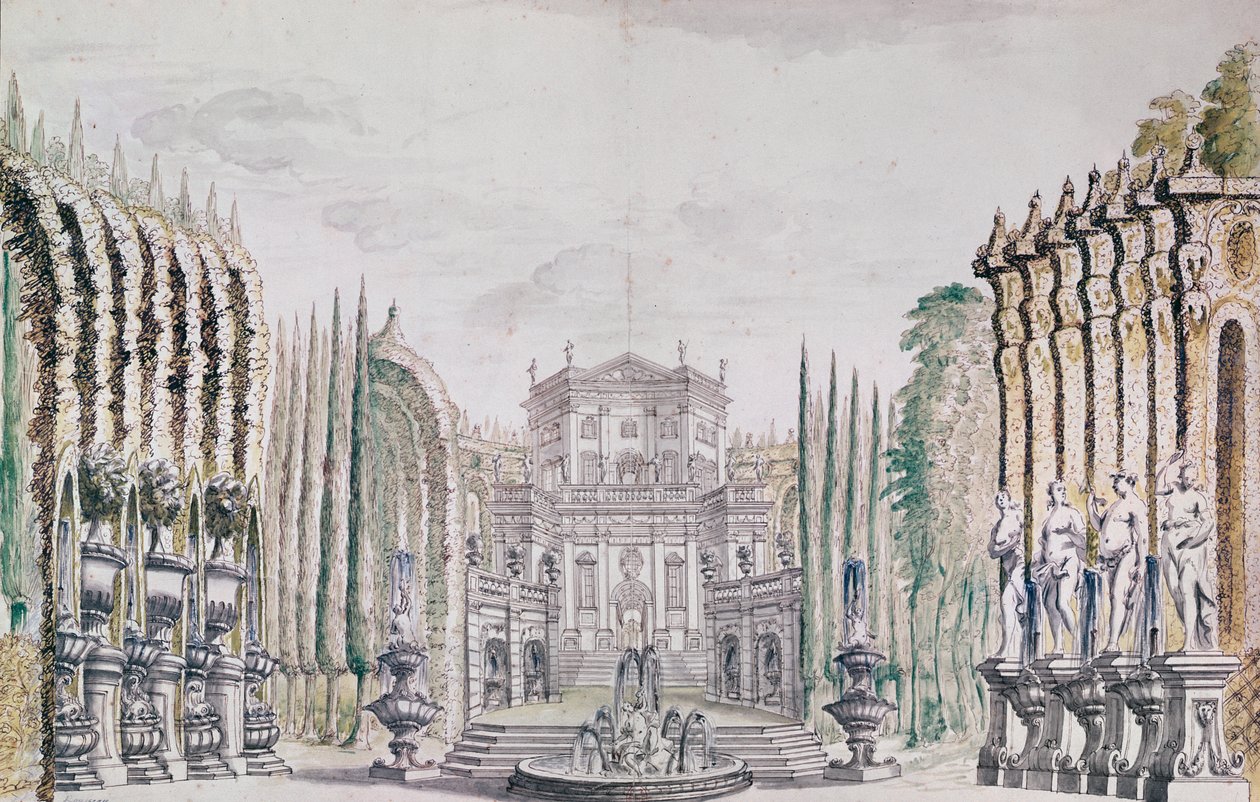Bir tiyatro için saray tasarımı, c.1660-80 (kağıt üzerinde kalem & mürekkep ve wc) by French School