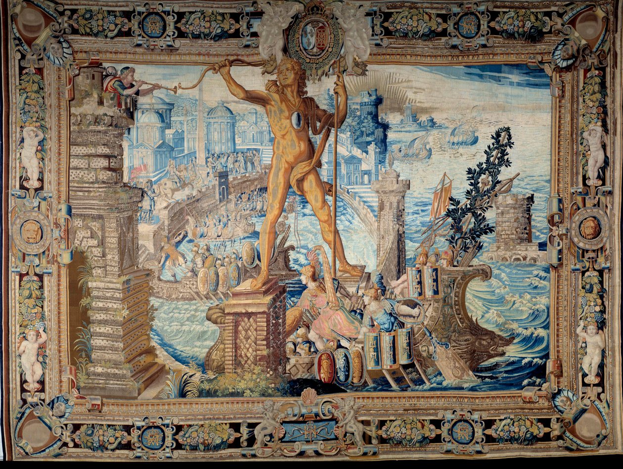 Dünyanın yedi harikası: Rodos Heykeli (Helios heykeli). Goblenlerin atölyesi tarafından yapılan goblen. 17. yüzyıl Paris, Musee des Gobelins by French School