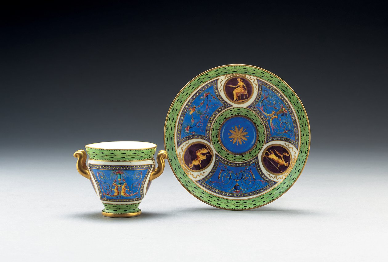 Sevres bleu celeste ve soluk yeşil zemin iki kulplu fincan ve fincan tabağı, 1790 by French School