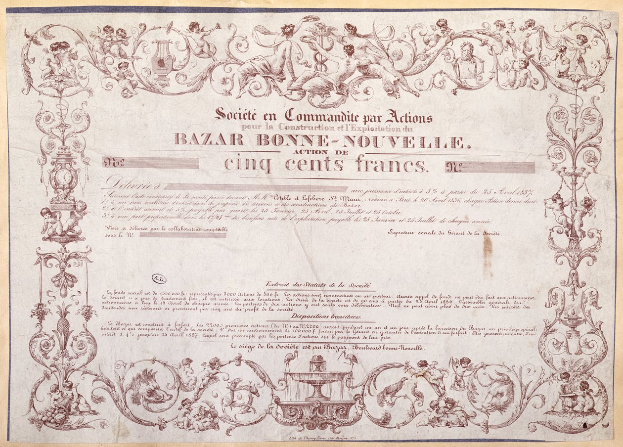 Bazar Bonne-Nouvelle için 500 Franklık Hisse Senedi, 1836 by French School