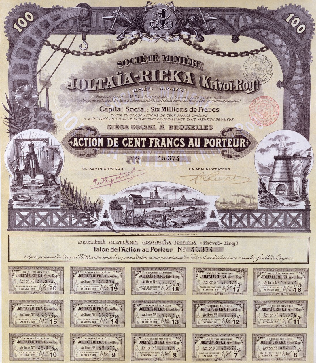 Fransız-Rus Joltaia-Rieka maden şirketi için 100 franklık hisse senedi, 1899 by French School