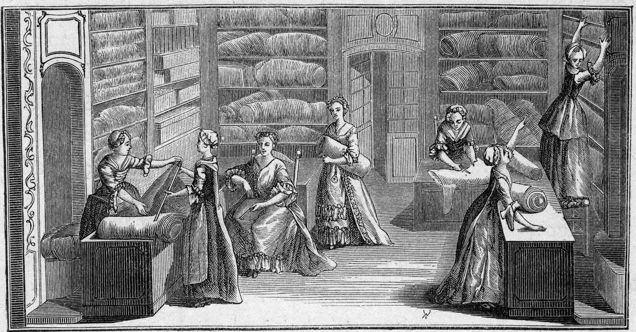 18. yüzyılda bir "moda tüccarı"nın dükkanı. Gravür “La Marine et les koloniler: ticaret” by French School