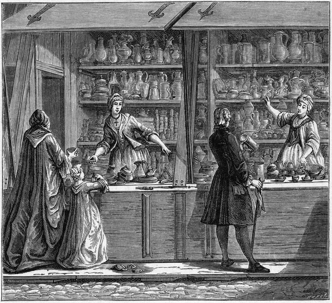 18. yüzyılda bir teneke çömlekçi dükkanı. Gravür “La Marine et les koloniler: ticaret” by French School