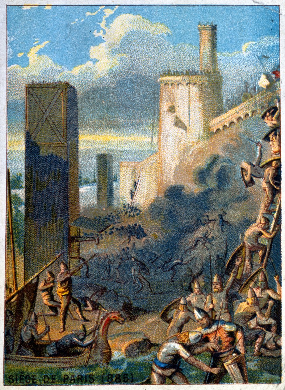 Normanlar (Viking) tarafından Paris Kuşatması (885). “Görüntü Yoluyla Yurtsever Eğitimi” Serisinin Kromolitografisi. by French School