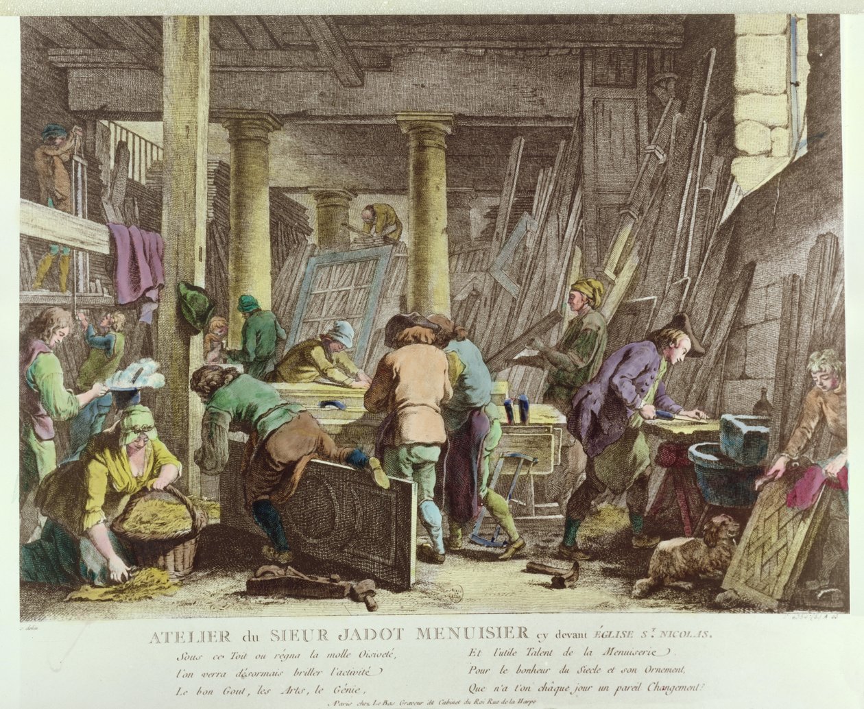 Sieur Jadots doğrama atölyesi (renkli gravür) by French School