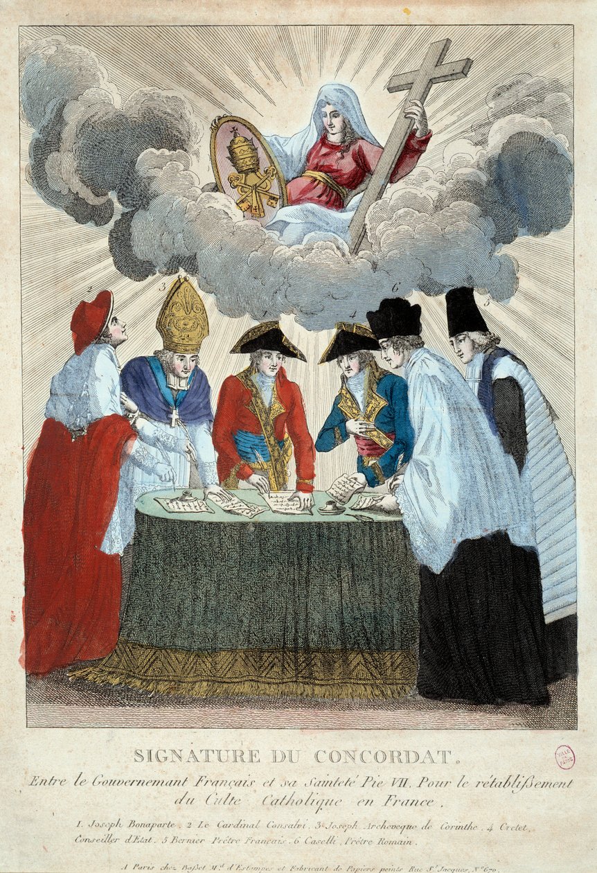 1801 Konkordatosunun 15/07/1801 tarihli imzası: Fransız hükümeti (burada Joseph Bonaparte tarafından temsil edilmektedir) ile Saint Siege (Papa Pius VII adına Kardinal Consalvi tarafından temsil edilmektedir) arasında imzalanmıştır. 1801 Paris, Musee Carna by French School