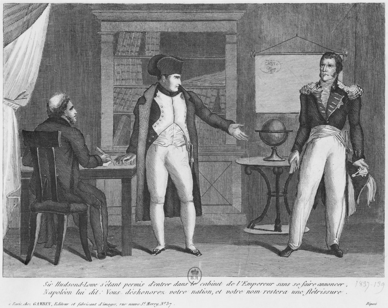Sir Hudson Lowe comming in the study of Napoleon I (1769-1821) on the island of St. Helena without announcing himself   by French School