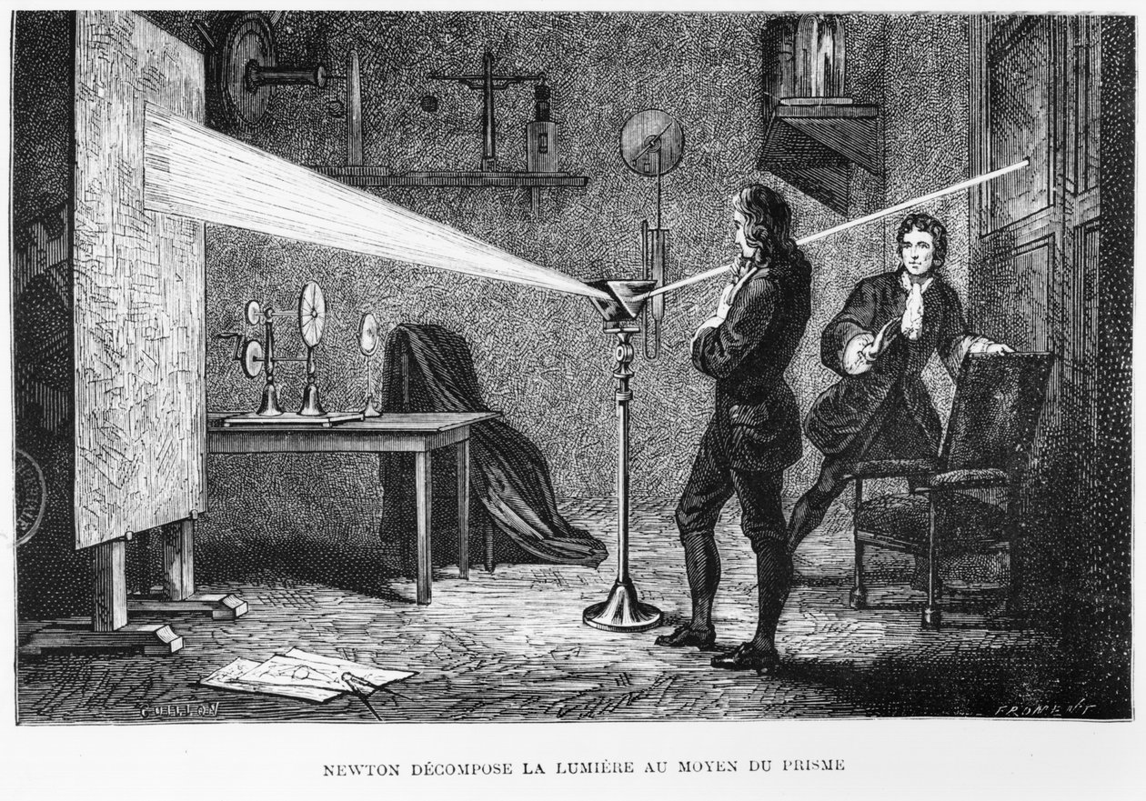 Sir Isaac Newton (1642-1727) ışığı prizmadan ayırıyor, Louis Figuier