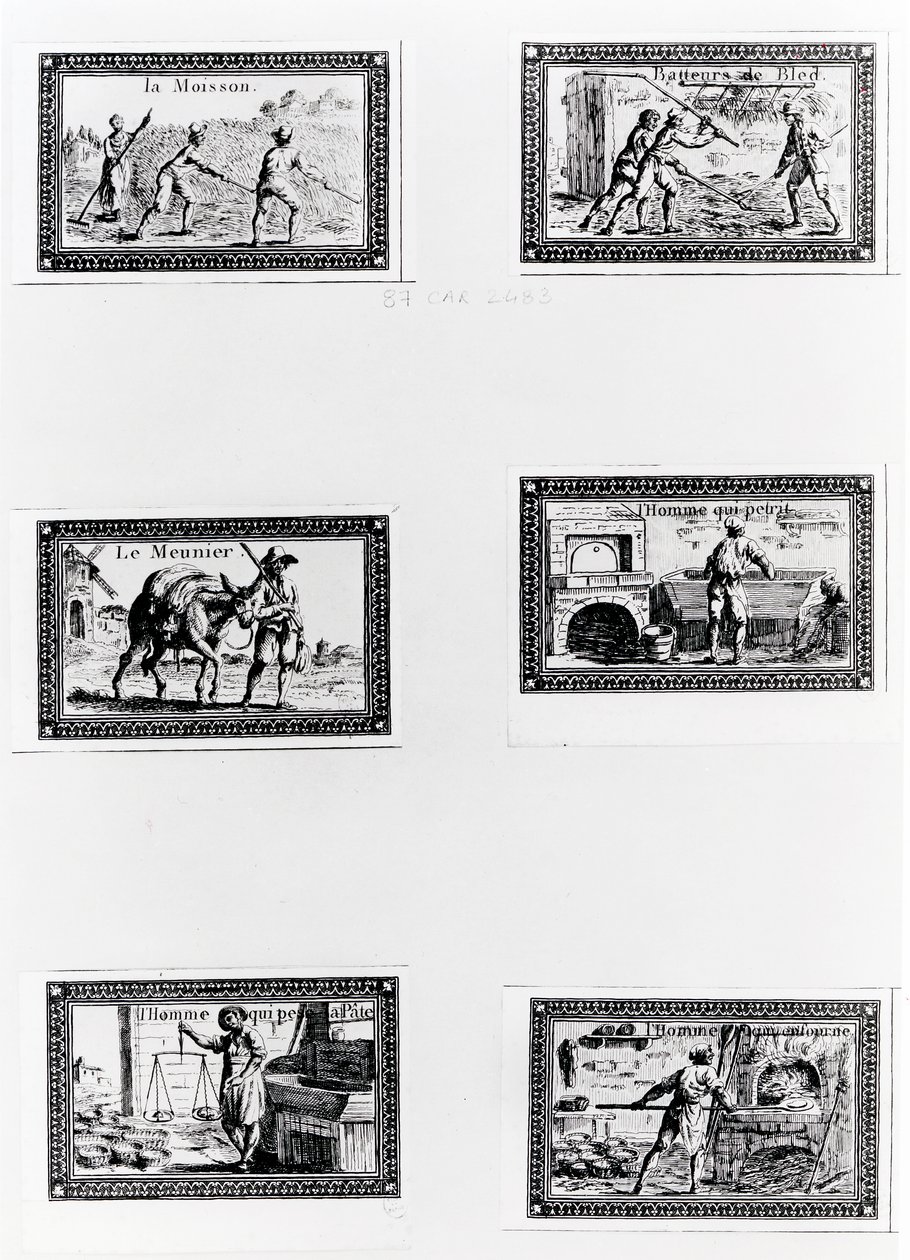 Ekmek yapımını gösteren altı vinyet (gravür) (bw photo) by French School