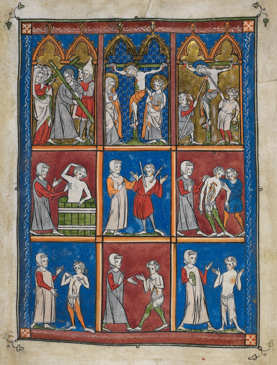 Sloane 1977,f.7 The Chirurgia: İncil ve tıbbi sahneleri gösteren dokuz minyatür. Yukarıda, Haçı taşıyan İsa; Mary ve St. John, Calvary