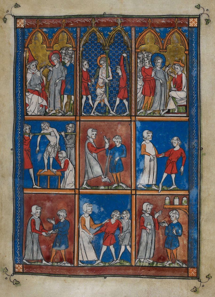 Sloane MS 1977 fol.6r İncil ve tıbbi sahneleri gösteren dokuz minyatür. Yukarıda, Kayafa ve Pilatus