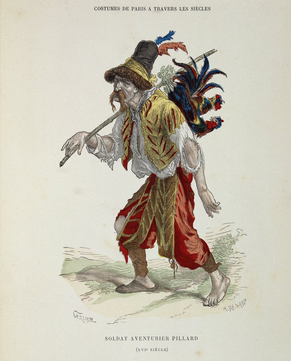 16. yüzyılda asker maceracı sütunu (serseri) - “Yüzyıllar boyunca Paris kostümü” by French School