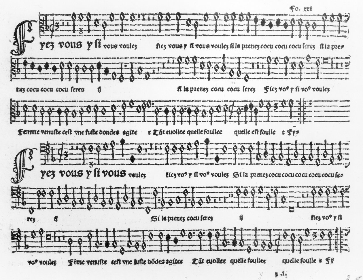Pierre Attaignant (d.1552) tarafından yayınlanan Chansons Musicales şarkı sayfası 1535-36 by French School