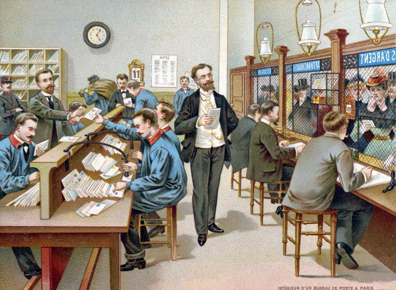 Paris Postanesindeki Postayı Sıralama, Postane takviminden çizim, 1904 by French School