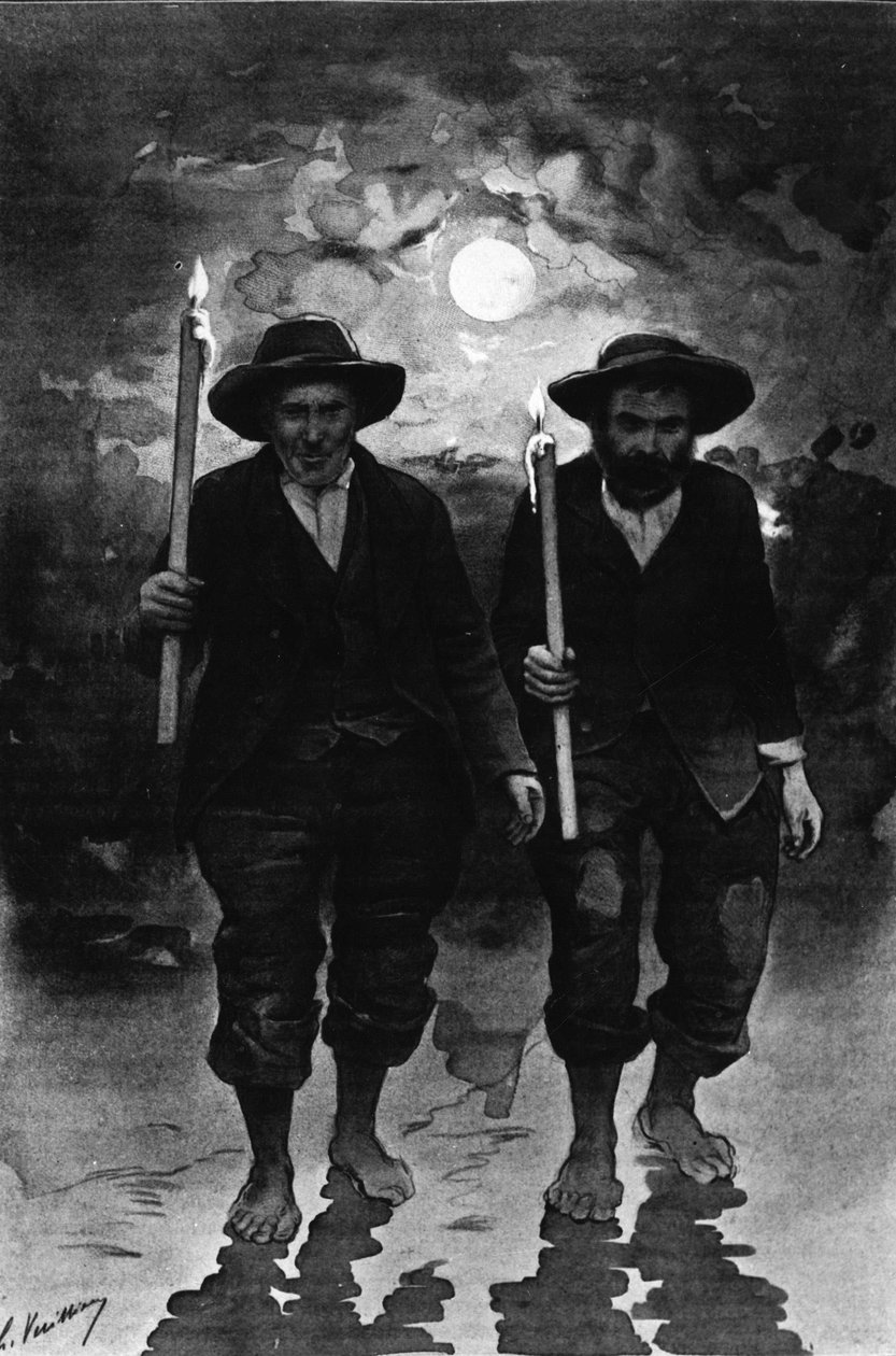 Kaynak ve hasta: iki adam, bir gece dolunay, her biri bir mum tutan ve yalınayak yürüyen (alayı?) - “Journal des voyages” da by French School