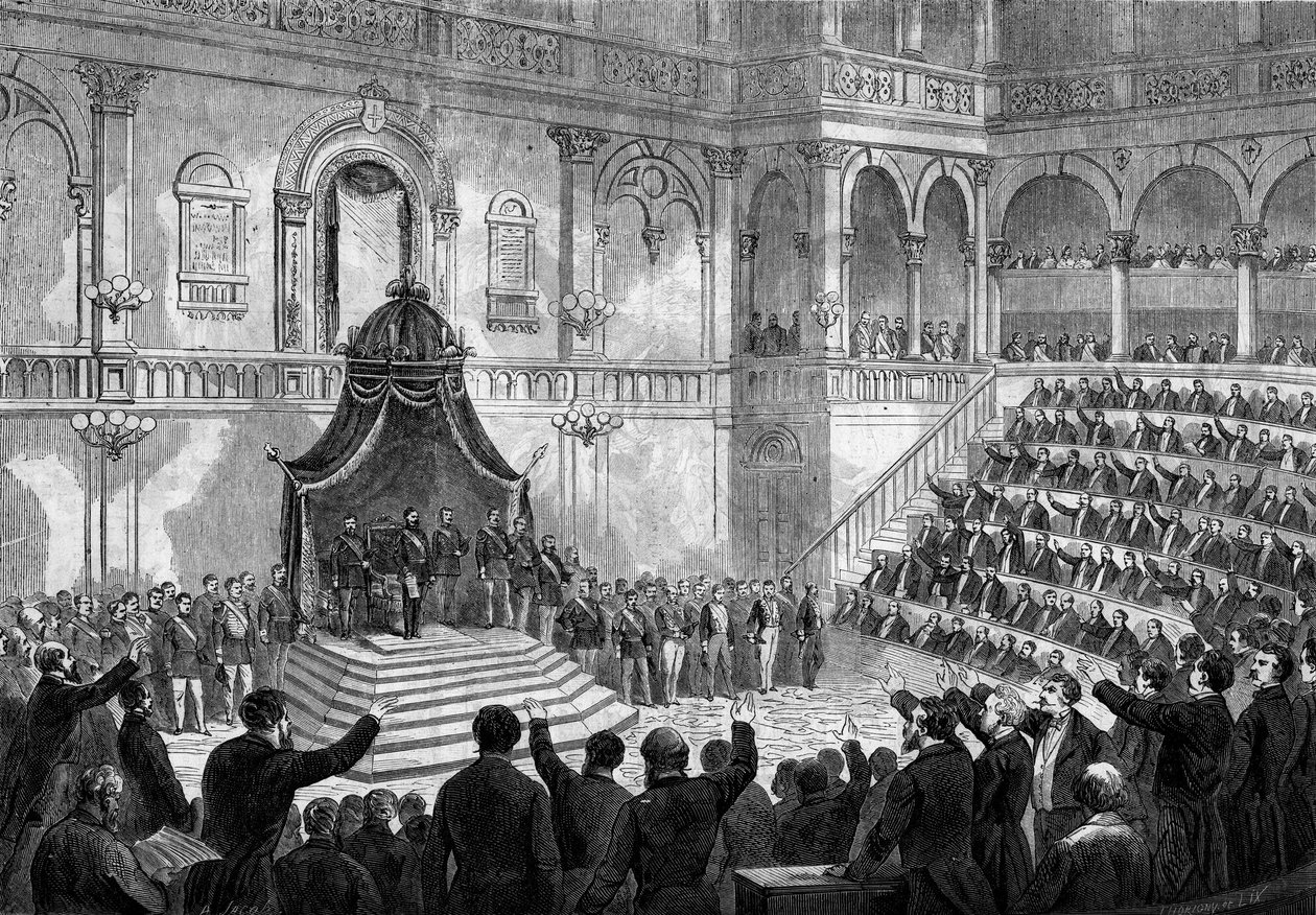 İtalya Kralı II. Victor Emmanuel (Vittorio Emanuele) (Victor-Emmanuel) (1820-1878) tarafından Torino parlamentosunda İtalyan devletlerinin oturumunun açılışında yaptığı konuşma by French School