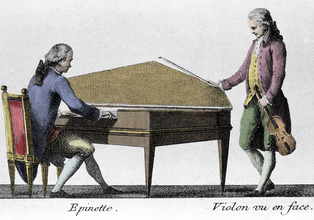 Spinette ve Keman çalar. 18. yüzyılın sonundan gravür. by French School