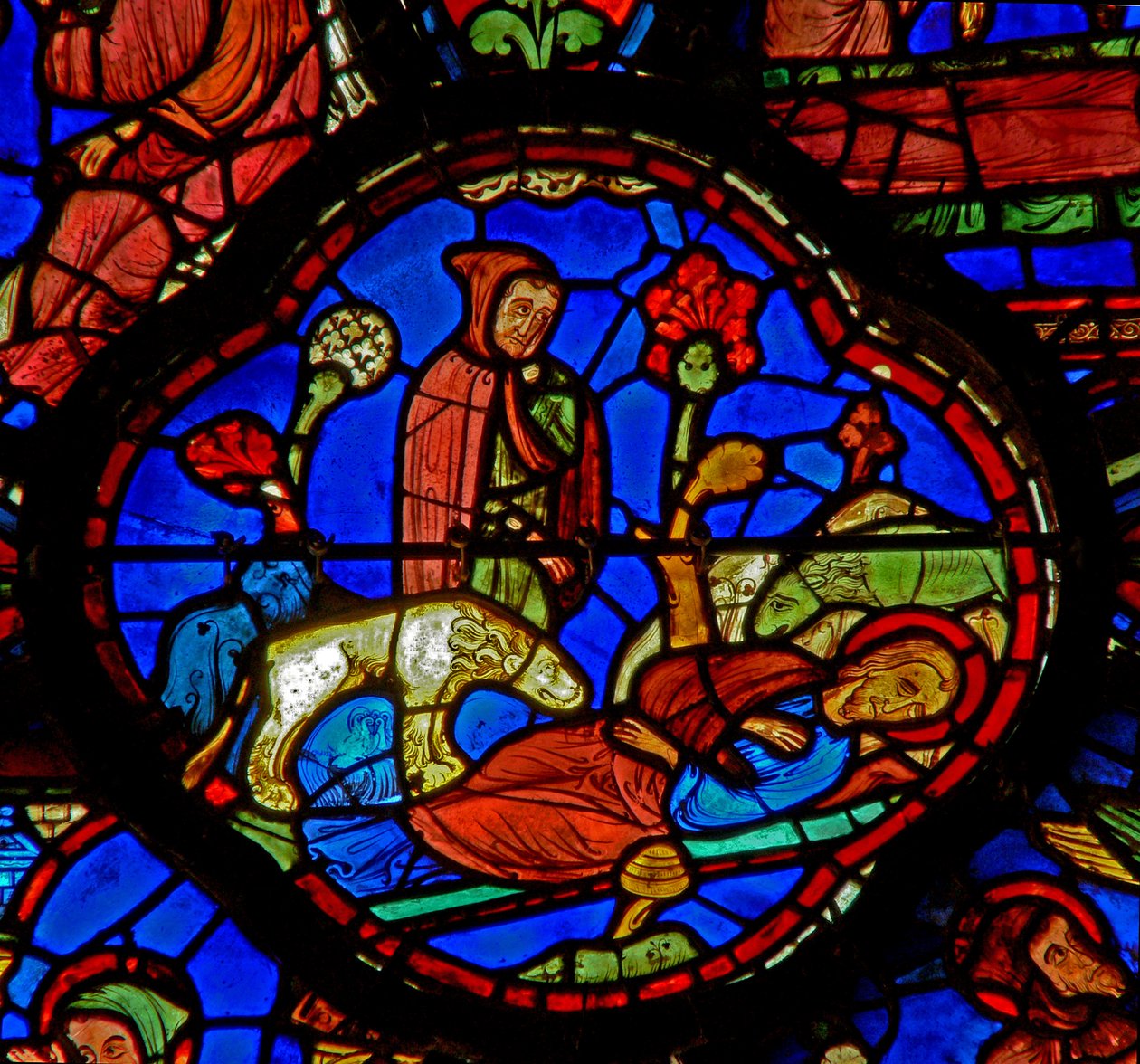 St Anthony: St Paul Anchorites mezarındaki aslanları izliyor (w30b) by French School